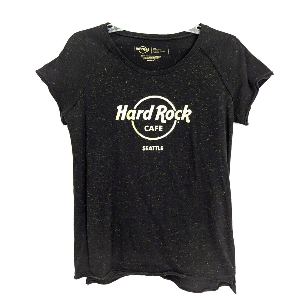 Hard Rock Cafe Seattle T Shirt Women's L Black Gold Metallic Shimmer Raw Hem